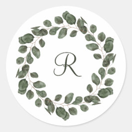 Monogram Eukalyptusblad Elegant Modern Runt Klistermärke