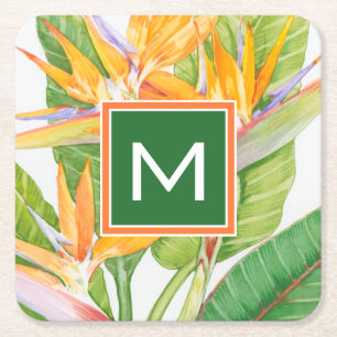 Monogram Exotiska blommor Vattenfärg Underlägg Papper Kvadrat