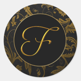 Monogram F Guld och Black Damask Wedding Seal Runt Klistermärke