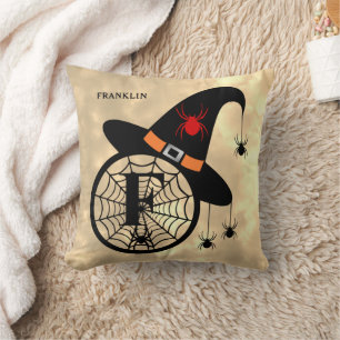 Monogram F Halloween Himlar Witch Spiders Namn Kudde