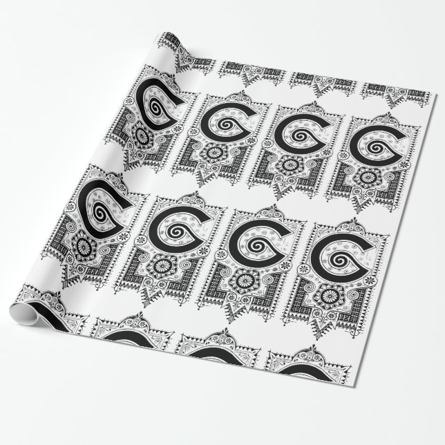 Monogram F. initial Black and White Art Deco Presentpapper (Utrullad)