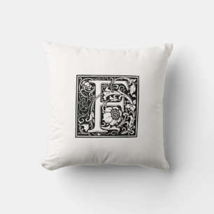 Monogram F Initial Black and White Blommönster Kudde