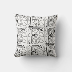 Monogram F Initial Black and White Blommönster Kudde