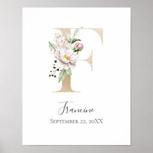 Monogram F Rosa Vitt Blommig Guld Bokstavs Nursery Poster