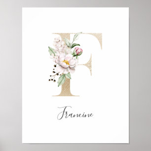 Monogram F Rosa Vitt Blommig Guld Bokstavs Nursery Poster
