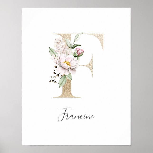 Monogram F Rosa White Blommigt Guld Brev Nursery Poster (Framsidan)
