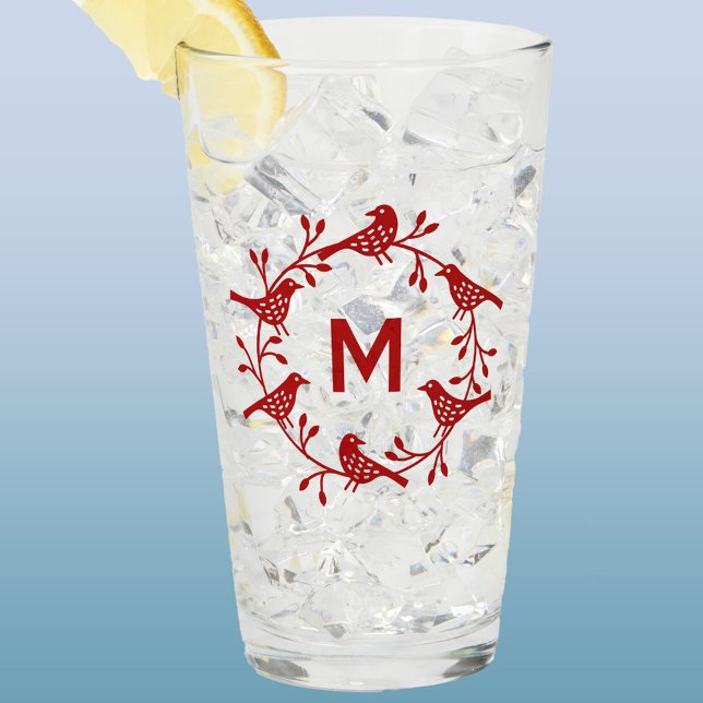 Monogram Fågel och Flower Scandinavian Wandan Glaskopp (Scandinavian bird wreath personalized monogram initial glass tumbler)