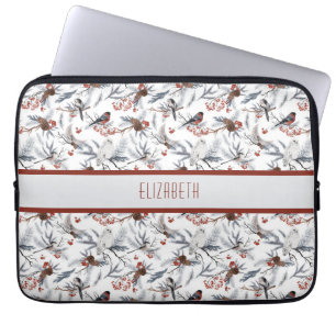 Monogram Fågel Vit Grå Silver Gren Röda Bär Laptop Fodral