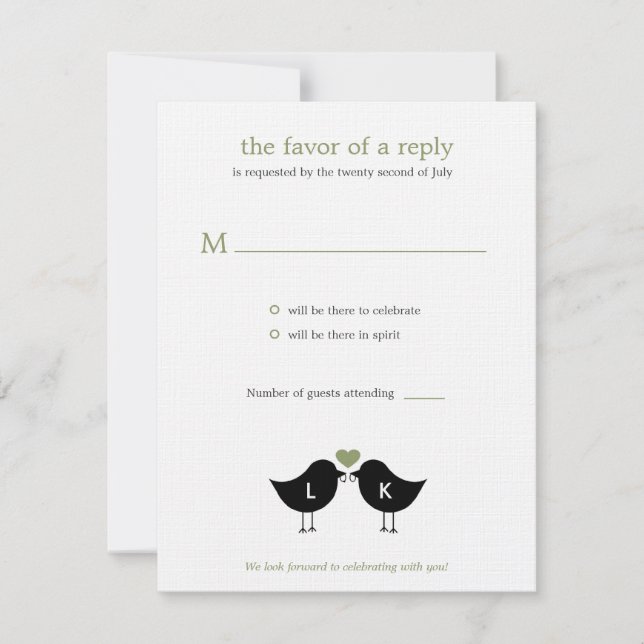 Monogram Fåglar Bröllop RSVP/Svars Kort - Sage (Framsida)
