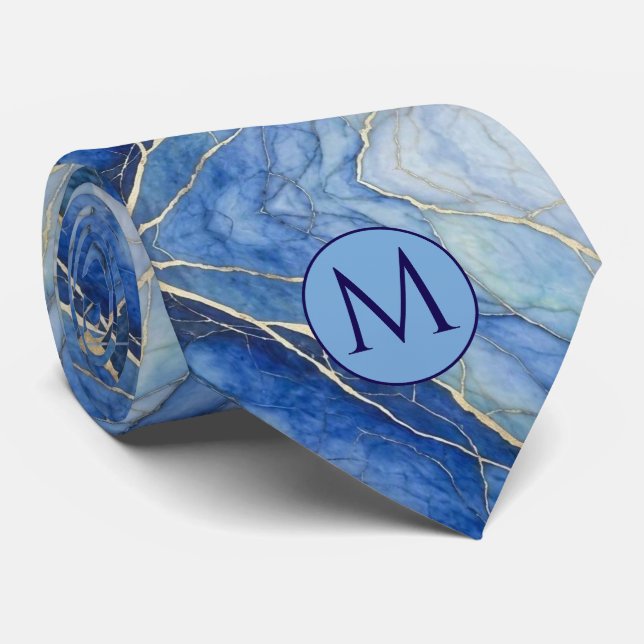 Monogram Falsksidkesnäcka | Blå + Guldmarmor Slips (Rullad)