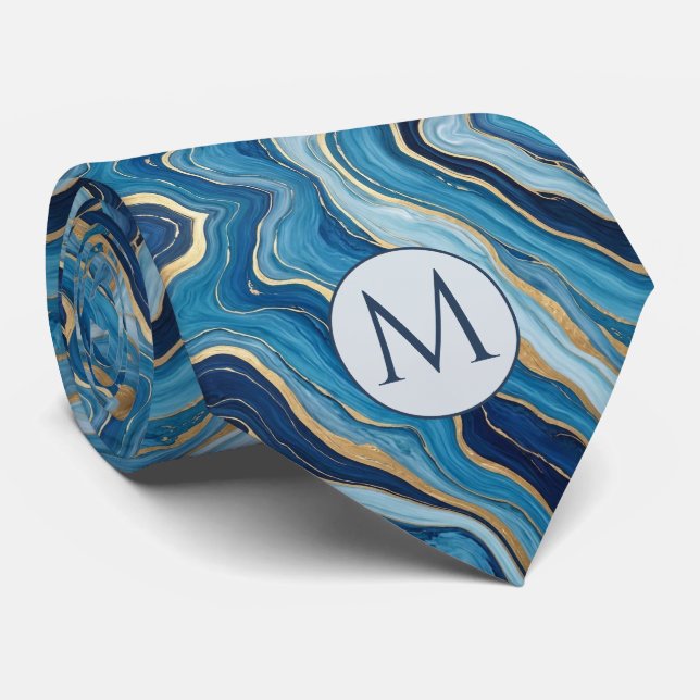 Monogram Falsksilke halsduk | Blå + Guld Marmor Slips (Rullad)