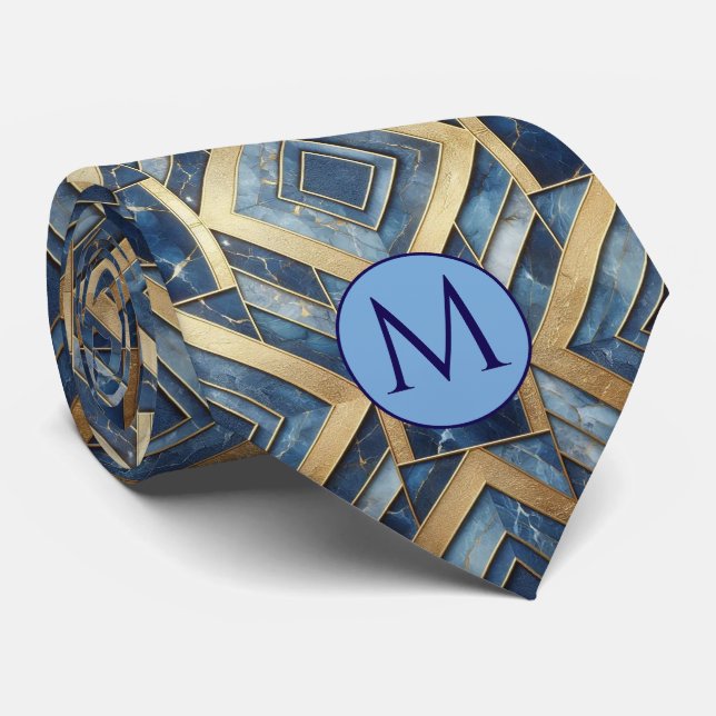 Monogram Falsksilke halsduk | Blå + Guld Marmor Slips (Rullad)