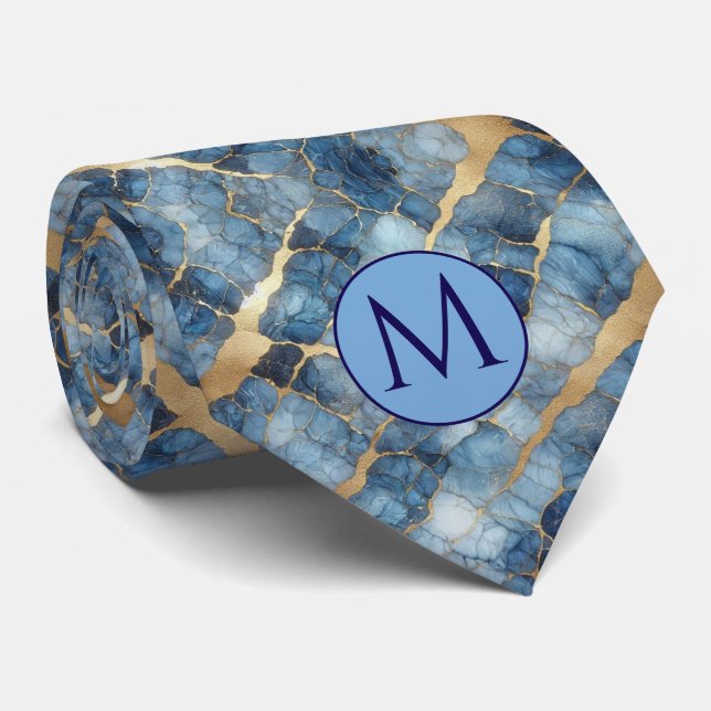 Monogram Falsksilke halsduk | Blå + Guld Marmor Slips (Rullad)