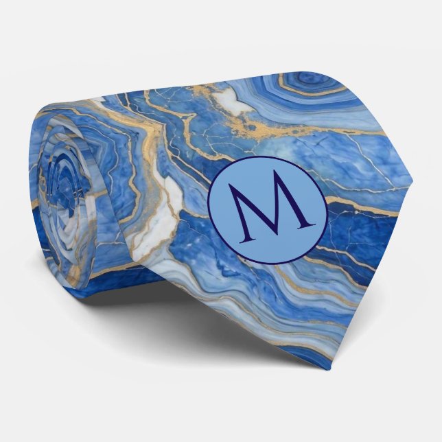 Monogram Falsksilke halsduk | Blå + Guld Marmor Slips (Rullad)