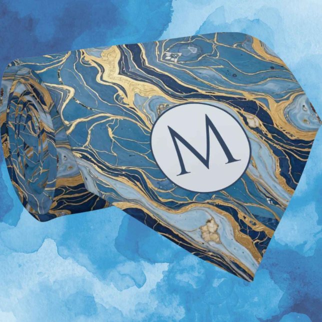 Monogram Falsksilke halsduk | Blå + Guld Marmor Slips (Skapare uppladdad)