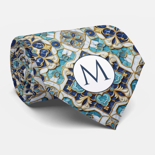 Monogram Falsksilke halsduk | Blå + Guld Marmor Slips (Rullad)