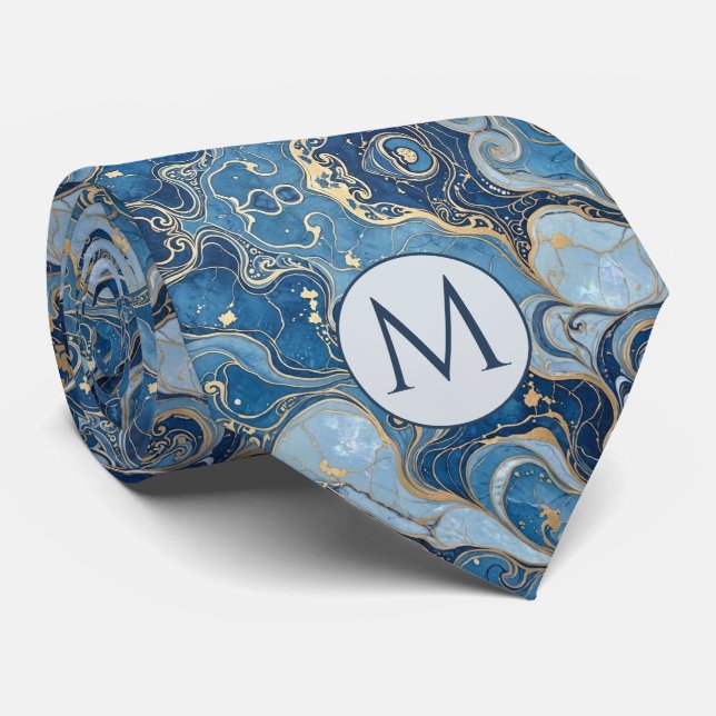 Monogram Falsksilke halsduk | Blå + Guld Marmor Slips (Rullad)