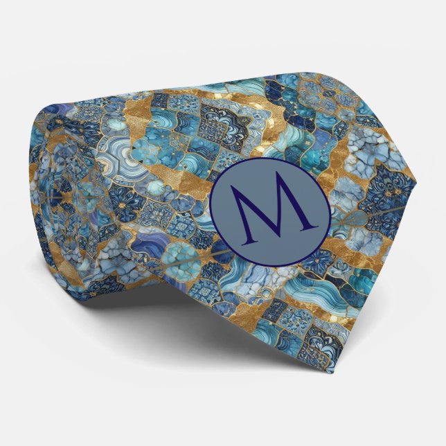 Monogram Falsksilke halsduk | Blå + Guld Marmor Slips (Rullad)