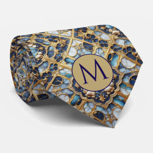 Monogram Falsksilke slips Blå + Guld Marmor