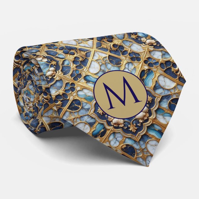 Monogram Falsksilke slips | Blå + Guld Marmor (Rullad)