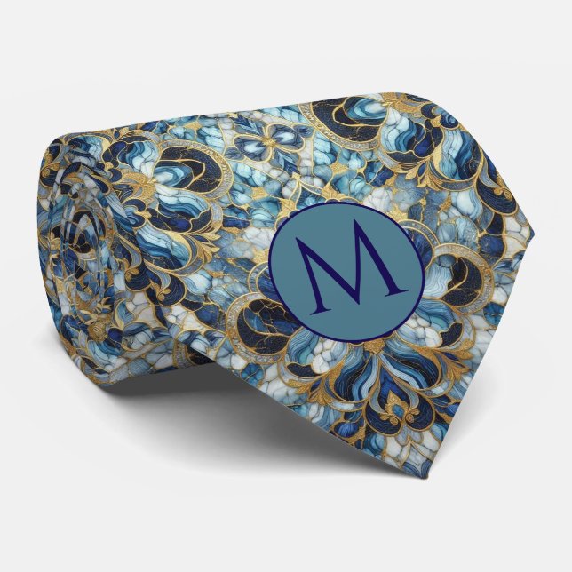 Monogram Falsksilke Slipsgardin | Blå + Guld Marmo Slips (Rullad)