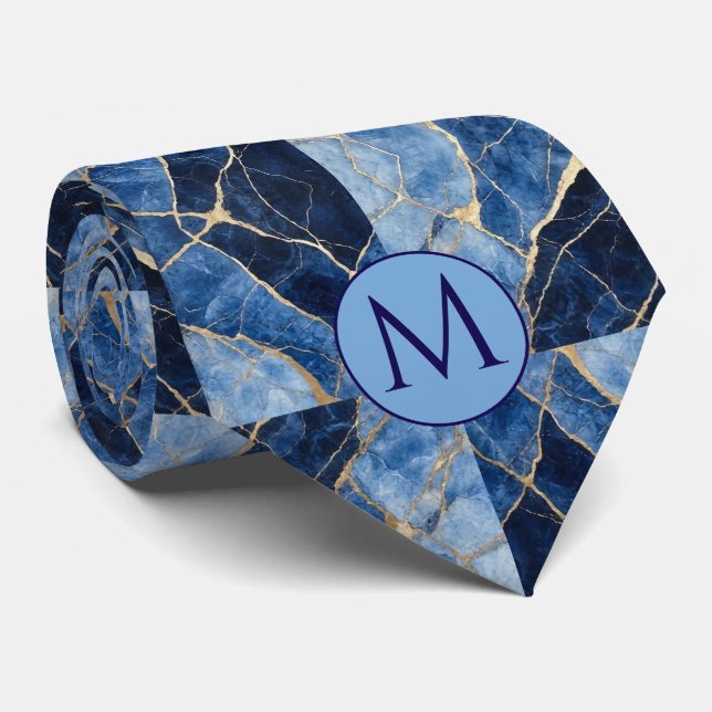 Monogram Falsksilke Slipsgardin | Blå + Guld Marmo Slips (Rullad)