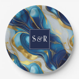 Monogram Falskt Guld, Blå och Vit Marmorerad Bröll