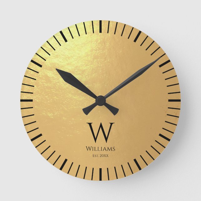 Monogram Falskt Guld Folie Svart  Initial Anpassat Rund Klocka (Framsida)