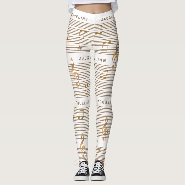 Monogram Falskt Guld Noter och Nyckel på VIT Leggings (Framsida)