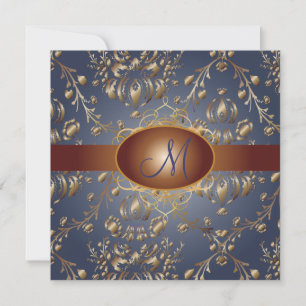 Monogram falskt koppar-damask/marinblå inbjudningar