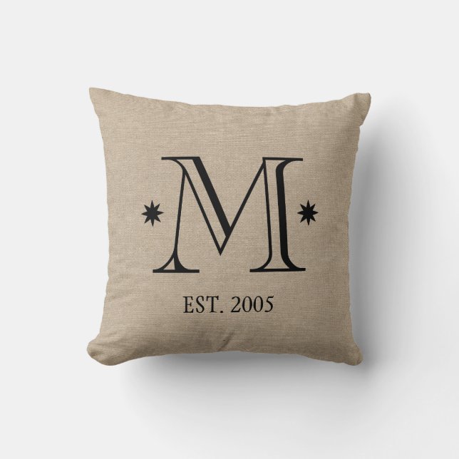 Monogram falskt linne burlap rustikt chic initial  kudde (Framsida)