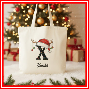 Monogram Familj Jul Antler Santa Hatt Tote Tygkasse