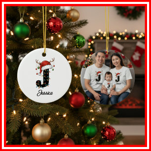 Monogram Familj Jul Antlers Santa Hatt FOTO Julgransprydnad Keramik