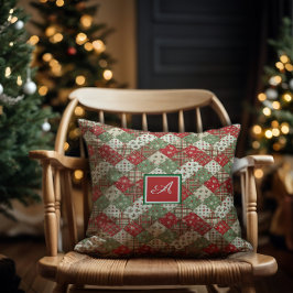 Monogram familj jul patchwork Grön Röd Kudde