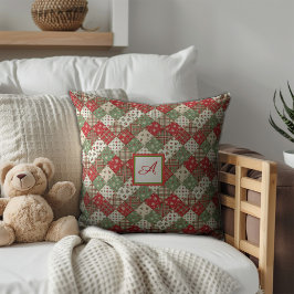 Monogram familj jul patchwork Grön Röd Kudde