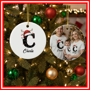 Monogram Familje Jul Antlers Santa Hatt FOTO Julgransprydnad Keramik