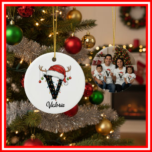 Monogram Familje Jul Antlers Santa Hatt FOTO Julgransprydnad Keramik