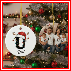 Monogram Familje Jul Antlers Santa Hatt FOTO Julgransprydnad Keramik
