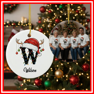 Monogram Familje Jul Antlers Santa Hatt FOTO Julgransprydnad Keramik