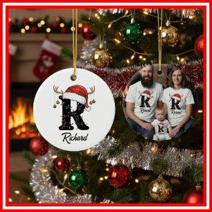 Monogram Familje Jul Antlers Santa Hatt FOTO Julgransprydnad Keramik