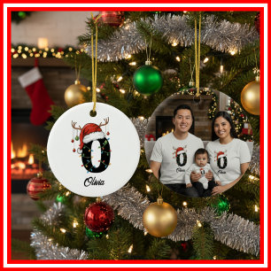 Monogram Familje Jul Antlers Santa Hatt FOTO Julgransprydnad Keramik