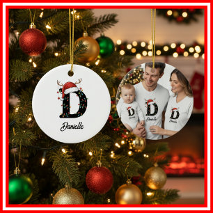 Monogram Familje jul Antlers Tomte Hatt FOTO Julgransprydnad Keramik