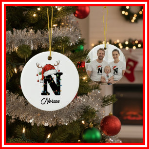 Monogram Familje jul Antlers Tomte Hatt FOTO Julgransprydnad Keramik