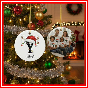Monogram Familje jul Antlers Tomte Hatt FOTO Julgransprydnad Keramik