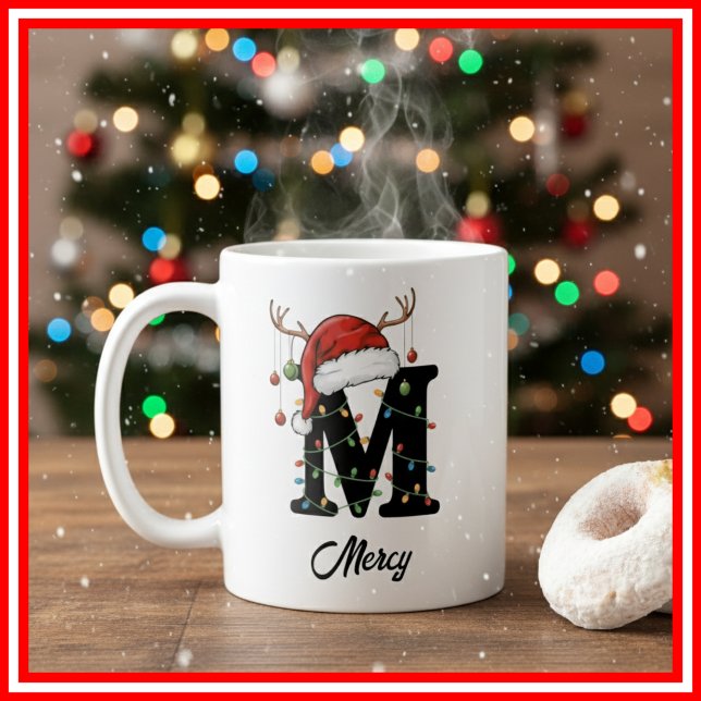 Monogram Familje jul Antlers Tomte Hatt FOTO Kaffemugg (Skapare uppladdad)
