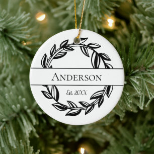 Monogram Familjenamn Blad Krans Jul Julgransprydnad Keramik