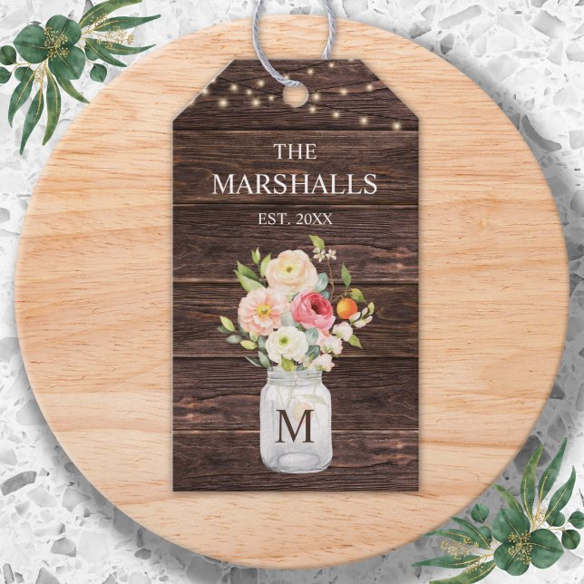 Monogram Familjenamn Blommig Masonburk Rustik Presentetikett (Skapare uppladdad)