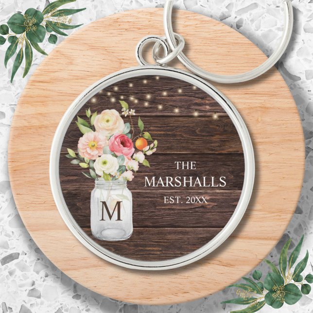 Monogram Familjenamn Blommig Masonkruka Rustik Rund Silverfärgad Nyckelring (Skapare uppladdad)
