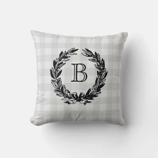 Monogram familjevapen krans grå check kudde (Framsida)