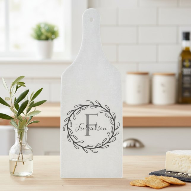 Monogram Family Name Olive Branch Wreath (Family name floral wreath cutting board)